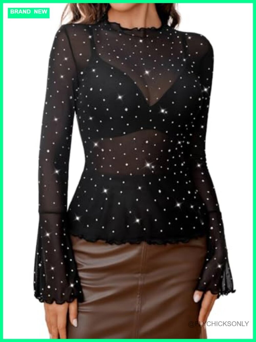 Sheer Mesh Long Bell Sleeve Sequin Tee Top See Through Glitter Blouse